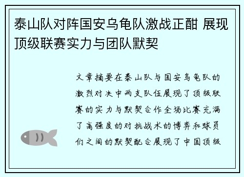 泰山队对阵国安乌龟队激战正酣 展现顶级联赛实力与团队默契